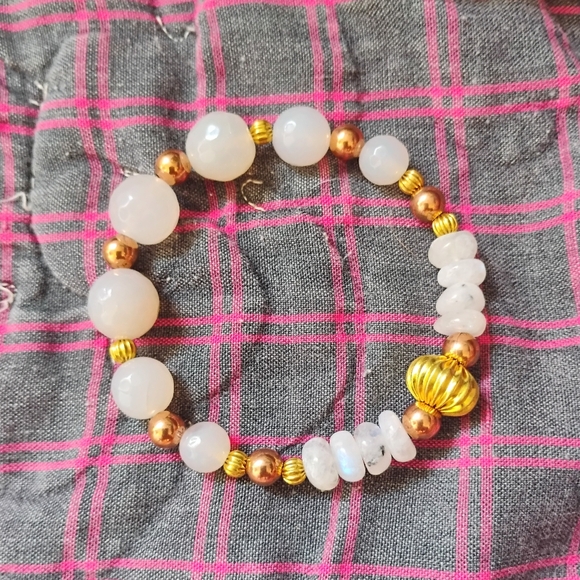 Handmade Jewelry - Milky Agate And Rainbow Moonstone Two Tone Bracelet